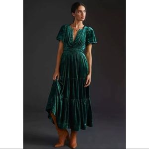 Anthropologie Somerset Maxi Velvet Dress Long Tiered Babydoll Holly Green NWT M